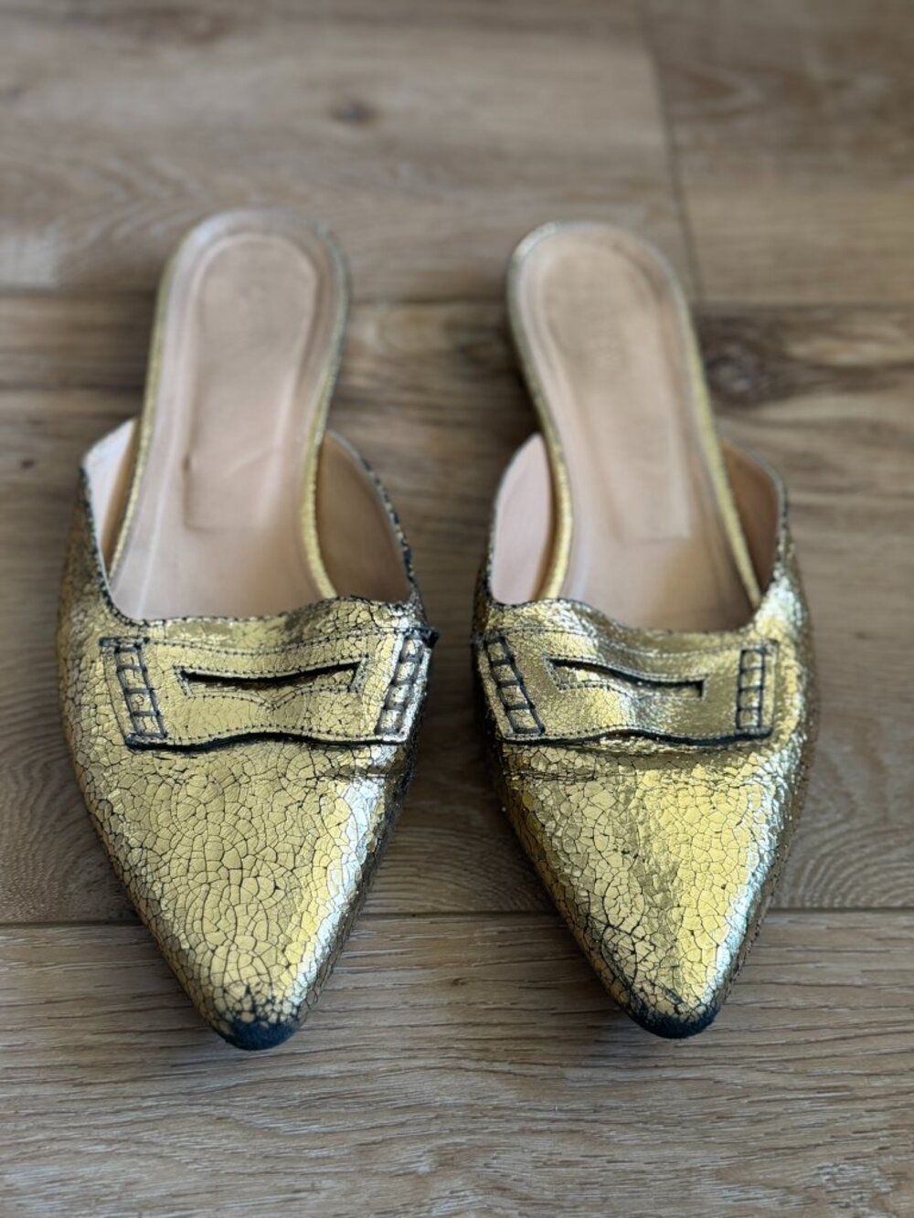 J Crew Loafer Slides in Gold Crinkle Metallic, Size 10